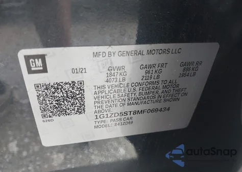 2021 Chevrolet Malibu Fwd Lt из США, поврежденный, VIN 1G1ZD5ST8MF069434